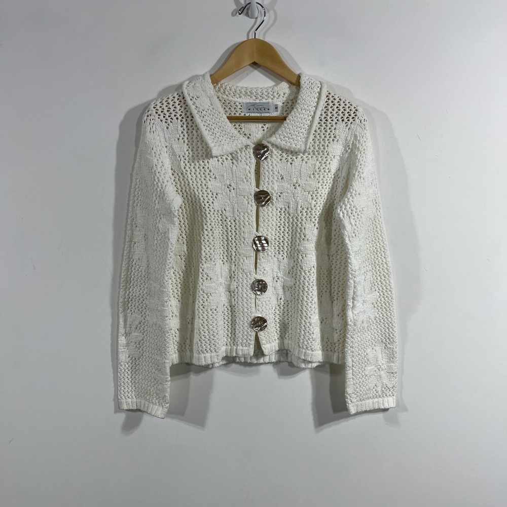 Willow VTG Fisherman Floral Pointelle Knit Cardigan Sweater Collared Boho Small
